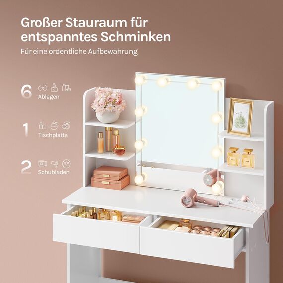 WOLTU Schminktisch mit Beleuchtung LED und Steckdosen, USB-A/USB-C, Schminktisch mit Spiegel, 2 Schubladen & 4 Ablagen, Moderner Frisiertisch für Schlafzimmer, 90x40 cm, Holz, Weiß