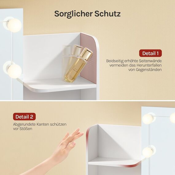 WOLTU Schminktisch, mit Beleuchtung LED, Einstellbarer Helligkeit, Schminktisch mit Großer Spiegel, Frisiertisch mit 2 Schubladen, 4 offene Ablagen, modern für Schlafzimmer, Weiß Holz