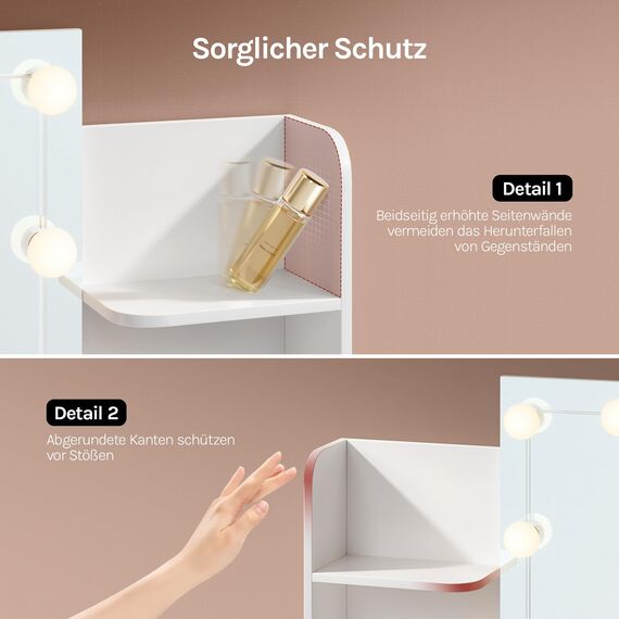 WOLTU Schminktisch mit Beleuchtung LED und Steckdosen, USB-A/USB-C, Schminktisch mit Spiegel, 2 Schubladen & 4 Ablagen, Moderner Frisiertisch für Schlafzimmer, 90x40 cm, Holz, Weiß
