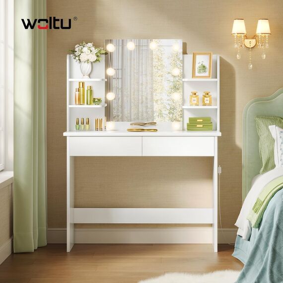 WOLTU Schminktisch, mit Beleuchtung LED, Einstellbarer Helligkeit, Schminktisch mit Großer Spiegel, Frisiertisch mit 2 Schubladen, 4 offene Ablagen, modern für Schlafzimmer, Weiß Holz
