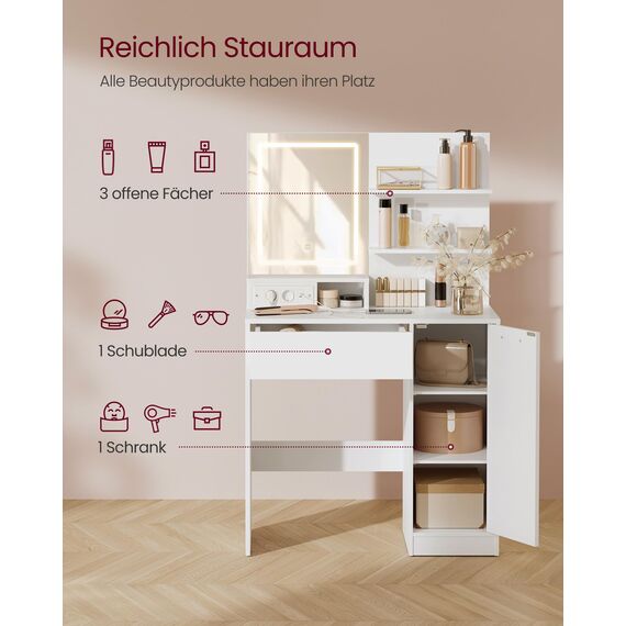 VASAGLE Kailyn Kollektion - Schminktisch, Frisiertisch mit LED-Spiegel und Steckdosenleiste, Kosmetiktisch, Schublade und offene Ablagen, Schrank mit 2 verstellbaren Ablagen, weiß RDT138W01