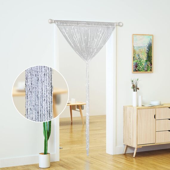 Transcosy Fadenvorhänge für Türen, glitzernde Perlenvorhänge, Tür, glitzernde Perlen, Vorhang, offener Schrank, Wäsche, zum Aufhängen, Hippie-Glitzer-Perlen, Fenster, Mädchen, Silber, 99 x 200 cm