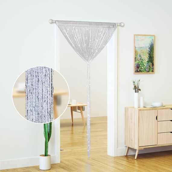 Transcosy Fadenvorhänge für Türen, glitzernde Perlenvorhänge, Tür, glitzernde Perlen, Vorhang, offener Schrank, Wäsche, zum Aufhängen, Hippie-Glitzer-Perlen, Fenster, Mädchen, Silber, 99 x 200 cm, 4