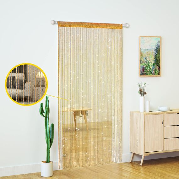 Türschnurvorhänge, Wohnzimmer, Schlafzimmer, Tür, hängend, Hippie-Pailletten-Dekor, Fransenvorhang, Schrank, Fenster, Wandpaneele, Küche, Party, Dekoration, Quaste, Boho Bling (Gold, 2 Stück)