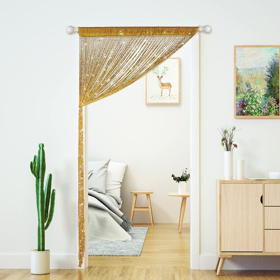 Transcosy Fadenvorhänge für Türen, glitzernde Perlenvorhänge, Tür, glitzernde Perlen, Vorhang, offener Schrank, Wäsche, zum Aufhängen, Hippie-Glitzer-Perlen, Fenster, Mädchen, goldfarben, 99 x 200 cm