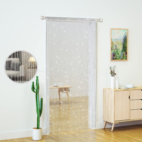Transcosy Fadenvorhänge für Türen, glitzernde Perlenvorhänge, Tür, glitzernde Perlen, Vorhang, offener Schrank, Wäsche, zum Aufhängen, Hippie-Glitzer-Perlen, Fenster, Mädchen, Silber, 99 x 200 cm