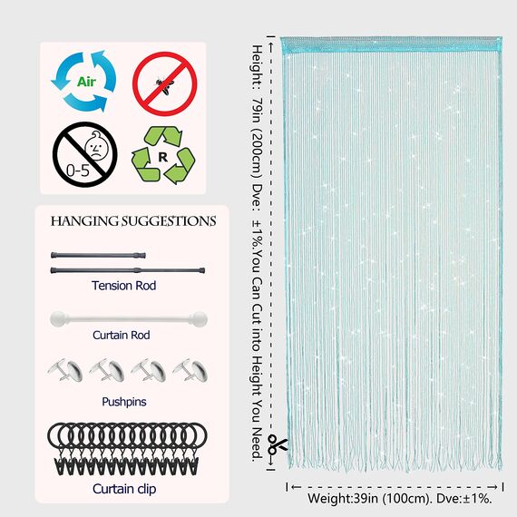 Fadenvorhänge für Türen, glitzernde Perlenvorhänge, Tür, glitzernde Perlen, Vorhang, offener Schrank, Wäsche, zum Aufhängen, Hippie-Glitzerperlen, Fenster, Mädchen, Blau, 99 x 200 cm, 2 Stück