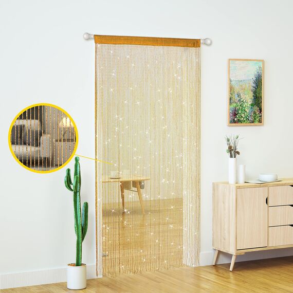 Transcosy Fadenvorhänge für Türen, glitzernde Perlenvorhänge, Tür, glitzernde Perlen, Vorhang, offener Schrank, Wäsche, zum Aufhängen, Hippie-Glitzer-Perlen, Fenster, Mädchen, goldfarben, 99 x 200 cm