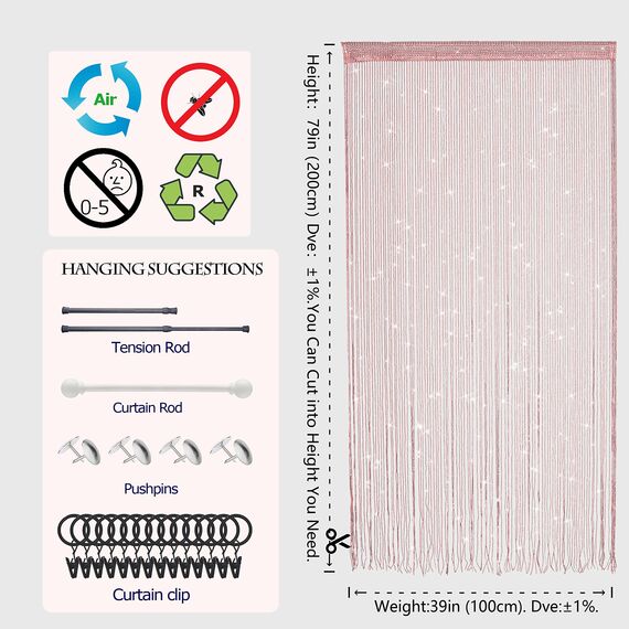 Fadenvorhänge für Türen, glitzernde Perlenvorhänge, Tür, glitzernde Perlen, Vorhang, offener Schrank, Wäsche, zum Aufhängen, Hippie-Glitzer-Perlen, Fenster, Mädchen, Panel, Hellrosa, 99 x 200 cm