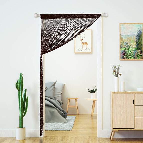 Tür-Fadenvorhänge, Wohnzimmer-Trennwand, Schlafzimmer, Tür, hängende Hippie-Pailletten-Dekoration, Fransenvorhang, Schrank, Fenster, Wandpaneele, Küche, Party-Dekorationen, Boho (braun, 99x200 cm)
