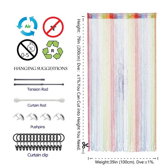 Transcosy Türfadenvorhänge, Wohnzimmer-Trennwand, zum Aufhängen, Hippie-Pailletten, Fransenvorhang, Schrank, Fenster, Wandpaneele, Küche, Party-Dekorationen, Quasten-Bildschirm (1, Regenbogen)