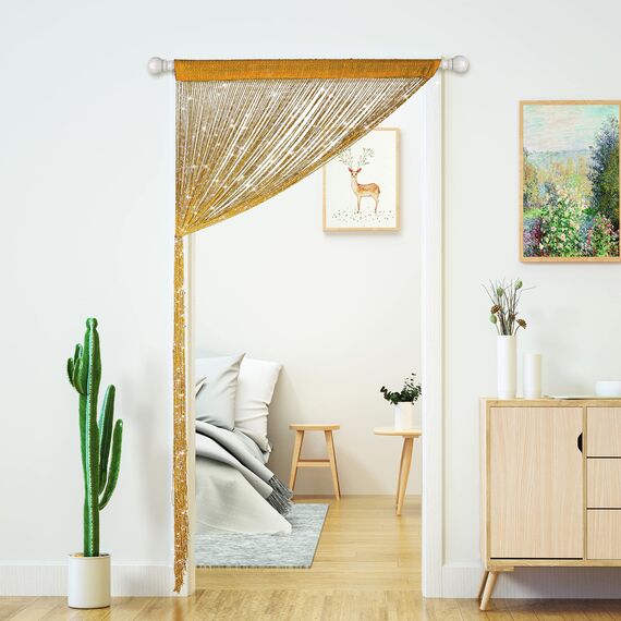 Transcosy Fadenvorhänge für Türen, glitzernde Perlenvorhänge, Tür, glitzernde Perlen, Vorhang, offener Schrank, Wäsche, zum Aufhängen, Hippie-Glitzer-Perlen, Fenster, Mädchen, goldfarben, 99 x 200 cm