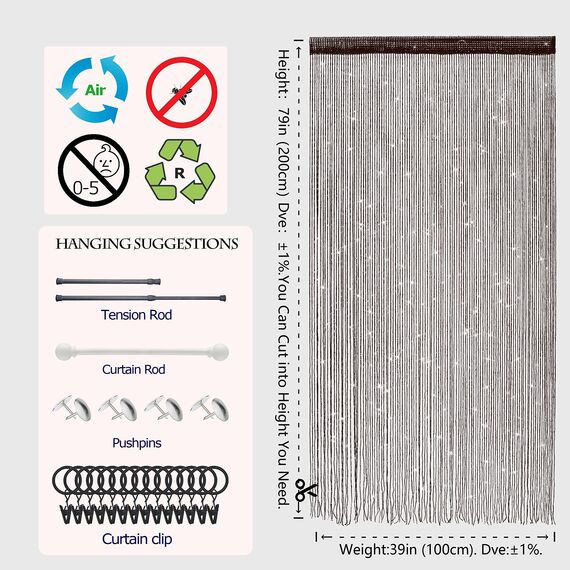 4 Stück Tür-Fadenvorhänge, Wohnzimmer-Trennwand, Schlafzimmer, Tür, hängende Hippie-Pailletten-Dekoration, Fransenvorhang, Schrank, Fenster, Wandpaneele, Küche, Boho (braun, 99.9x2 cm)
