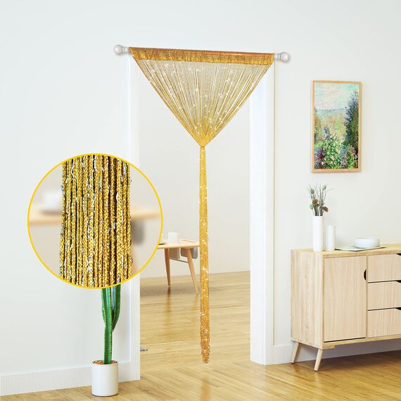 Transcosy Fadenvorhänge für Türen, glitzernde Perlenvorhänge, Tür, glitzernde Perlen, Vorhang, offener Schrank, Wäsche, zum Aufhängen, Hippie-Glitzer-Perlen, Fenster, Mädchen, goldfarben, 99 x 200 cm