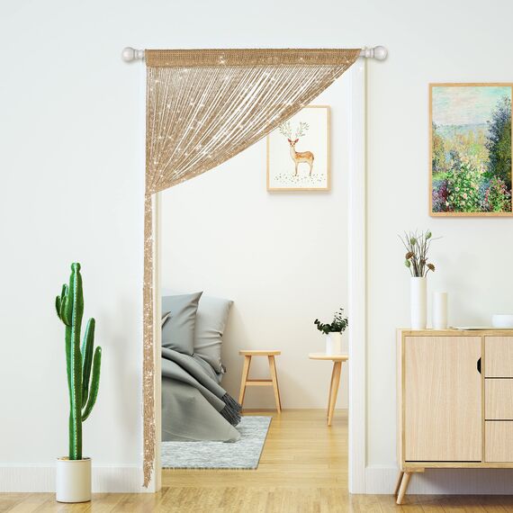 Tür-Fadenvorhänge, Wohnzimmer-Trennwand, Schlafzimmer, Tür, hängende Hippie-Pailletten-Dekoration, Fransenvorhang, Schrank, Fenster, Wandpaneele, Küche, Boho (Champagner, 99x200 cm)