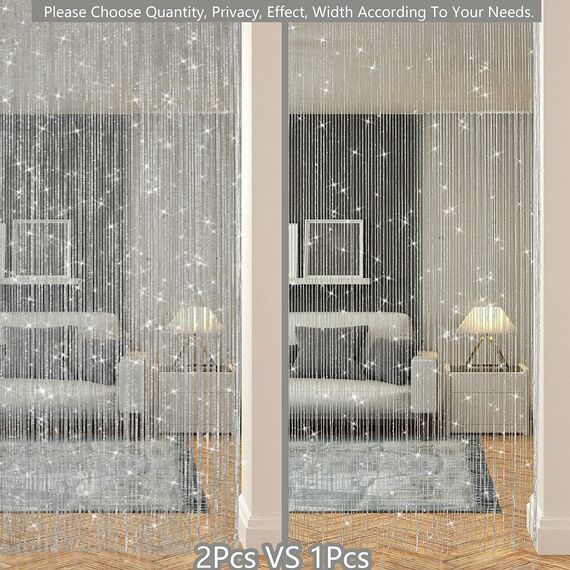 Transcosy Fadenvorhänge für Türen, glitzernde Perlenvorhänge, Tür, glitzernde Perlen, Vorhang, offener Schrank, Wäsche, zum Aufhängen, Hippie-Glitzer-Perlen, Fenster, Mädchen, Silber, 99 x 200 cm, 4