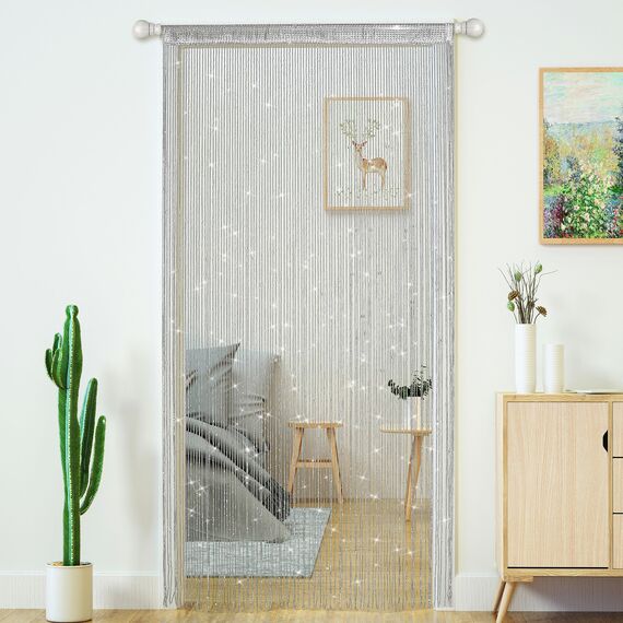 Transcosy Fadenvorhänge für Türen, glitzernde Perlenvorhänge, Tür, glitzernde Perlen, Vorhang, offener Schrank, Wäsche, zum Aufhängen, Hippie-Glitzer-Perlen, Fenster, Mädchen, Silber, 99 x 200 cm