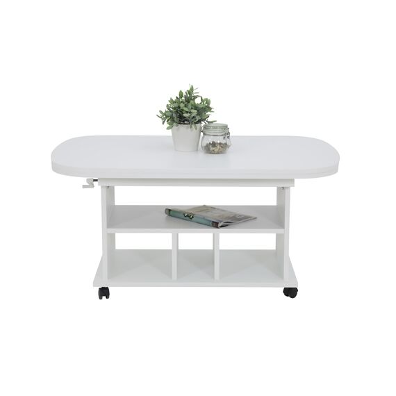 Hela Tische, Funktionscouchtisch Babsi, Holzwerkstoff melaminbeschichtet, Weiß, höhenverstellbar 53-63 cm, ausziehbar 107-157 cm, auf Rollen