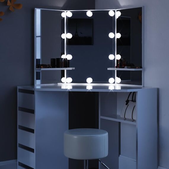Vicco Eckschminktisch Arielle, Weiß, 110 cm mit LED Beleuchtung und Hocker, mit großem dreiteiligem Spiegel und Ablageflächen