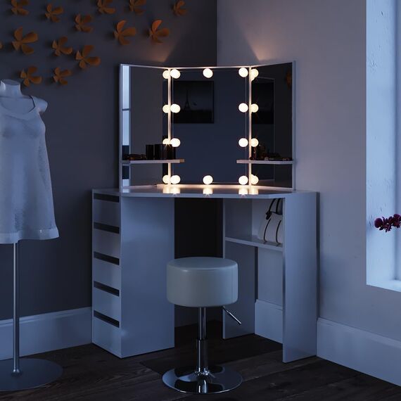 Vicco Eckschminktisch Arielle, Weiß, 110 cm mit LED Beleuchtung und Hocker, mit großem dreiteiligem Spiegel und Ablageflächen