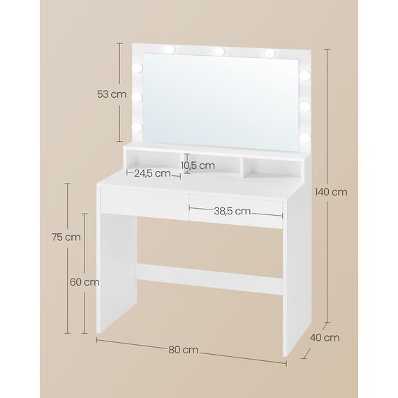VASAGLE Schminktisch, mit LED-Beleuchtung, einstellbare Helligkeit, Frisiertisch mit Spiegel, Kosmetiktisch mit 2 Schubladen und 3 offenen Fächern, modern, wolkenweiß RDT120WB01