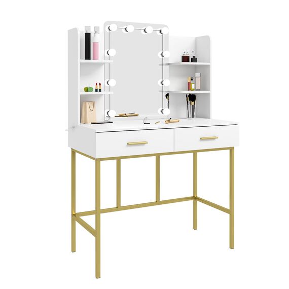 WOLTU Schminktisch mit Spiegel und Beleuchtung, Frisiertisch mit 2 Schubladen und 4 offenen Ablagen, 45 cm Tiefe, Kosmetiktisch für Schlafzimmer, Holz Metall, Weiß Gold, MB6077ws