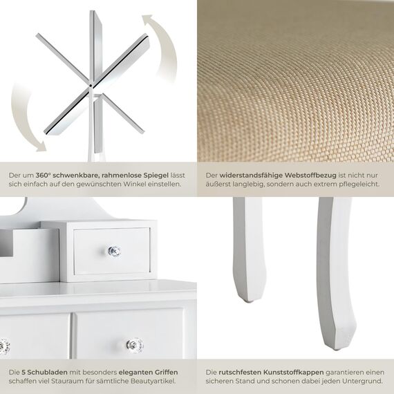 tectake® Schminktisch mit Spiegel und Hocker, Schminktisch mit Schubladen, Frisiertisch, Kosmetiktisch mit Schminktischspiegel und Schminktischstuhl, Schlafzimmer Deko, Ankleidezimmer Möbel - weiß