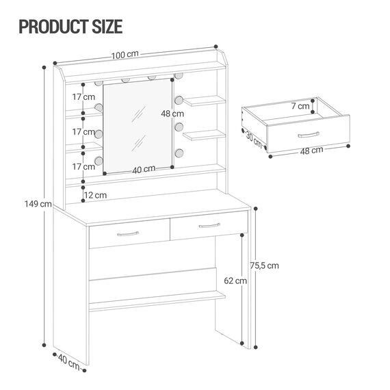 Hzuaneri Schminktisch mit Spiegel, Schminktisch mit Ablageflächen und 2 Schubladen, für Schlafzimmer, Wohnzimmer, Verstellbare Helligkeit, 40 x 100 x 149 cm, Weiß DT38703X