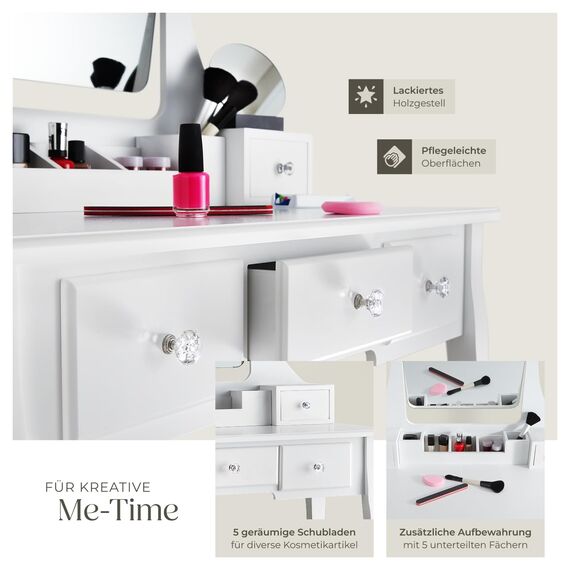 tectake® Schminktisch mit Spiegel und Hocker, Schminktisch mit Schubladen, Frisiertisch, Kosmetiktisch mit Schminktischspiegel und Schminktischstuhl, Schlafzimmer Deko, Ankleidezimmer Möbel - weiß