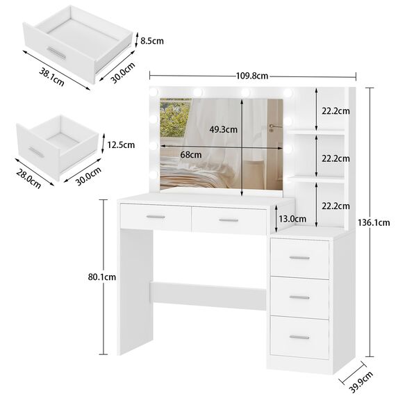 FIONESO 110cm Großer Schminktisch mit großem Spiegel und LED-Leuchten, Schminktisch mit 5 Schubladen, 2 offene Regale, Kosmetiktisch für Mädchen, Frauen und Schlafzimmer, Weiß