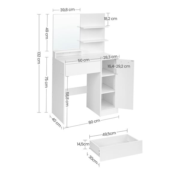 VASAGLE Kailyn Kollektion - Schminktisch mit Hocker, Frisiertisch mit Spiegel, Kosmetiktisch, Schublade und offene Ablagen, Schrank mit 2 verstellbaren Ablagen, weiß RDT719W01