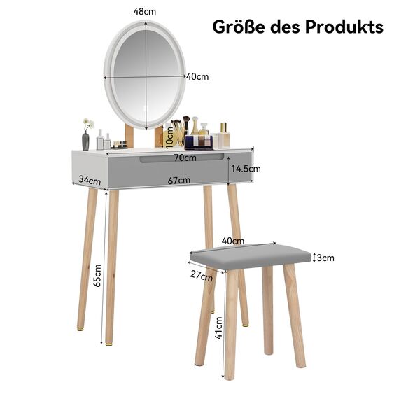YU YUSING Schminktisch mit Beleuchtung Spiegel,Frisiertisch mit Schubladen, Kosmetiktisch mit gepolstertem Hocker, Kommode Make-up Tisch, Tisch für Frau, Modern（Oval）