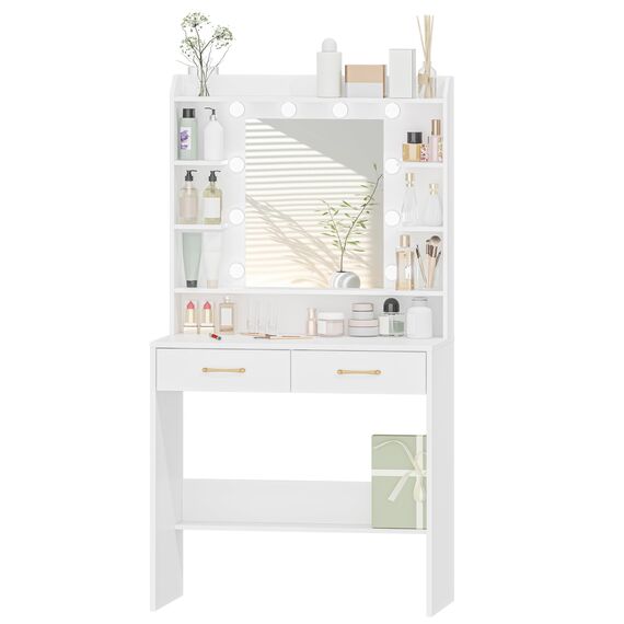 Hzuaneri Schminktisch mit Spiegel, Schminktisch mit Ablageflächen und 2 Schubladen, für Schlafzimmer, Wohnzimmer, Verstellbare Helligkeit, 40 x 80 x 149 cm, Weiß