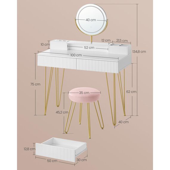 VASAGLE Schminktisch mit Hocker und Beleuchtung, Steckdosenleiste, Spiegel, Frisiertisch, 40 x 100 x 134,8 cm, Kosmetiktisch mit Schubladen, gepolsterter Sitzhocker, mattweiß-blassgold RVT619W01
