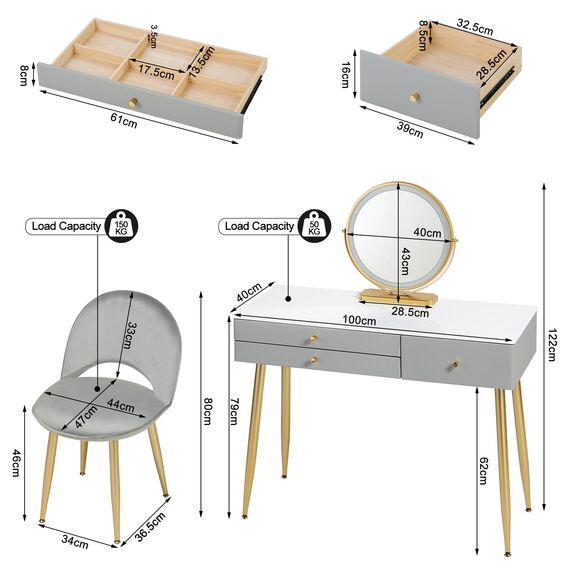 WOLTU Schminktisch mit Spiegel, Beleuchtung, Hocker, Schminktischstuhl aus Samt, modernes Frisiertisch Grau-Gold, mit 3 Schubladen, Einfach zu montieren, Make-up Tisch Schreibtisch für Schlafzimmer