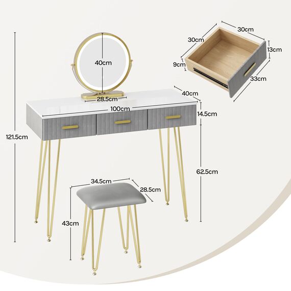 WOLTU Schminktisch mit Beleuchtung und Hocker, Frisiertisch mit Spiegel, 3 Schubladen aus Massivholz, Große Hochglanz Tischplatte 100x40cm, Modern Kosmetiktisch aus Samt Metall, Grau Weiß, MB6108gr