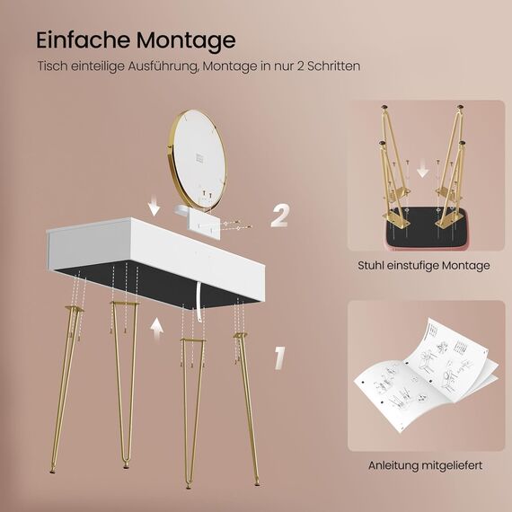 EUGAD Schminktisch mit Spiegel und Samt-Hocker, Frisiertisch mit 3 Schubladen, mit 3D Effekt, Modernes Design, Tischplatte Hochglanz 100 cm, Einfache Montage, Weiß + Golden, 0016SZT
