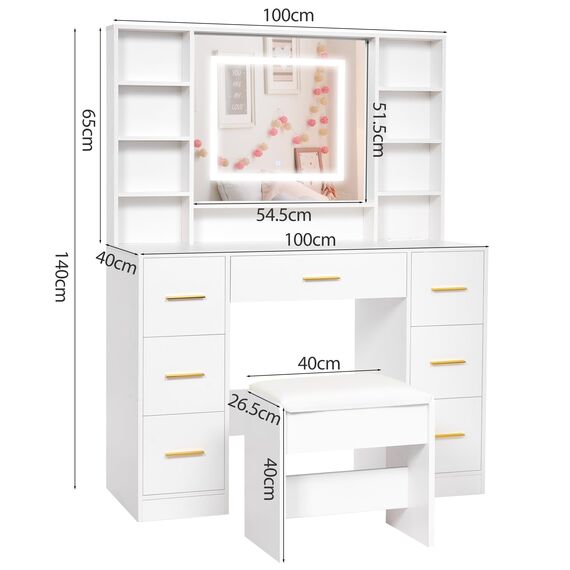 ANWBROAD Große Schminktisch mit LED-Beleuchtung und Steckdosen Moderner Weiß Kosmetiktisch mit Spiegel und Hocker 7 Schubladen und 4 Ablagen Frisiertisch 140×100×40cm BDT65W