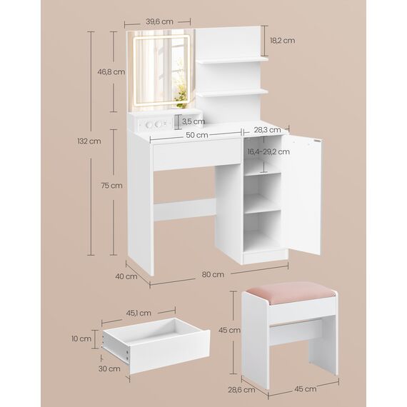 VASAGLE KAILYN Kollektion - Schminktisch mit Hocker, Frisiertisch mit LED-Spiegel und Steckdosenleiste, Kosmetiktisch, Schublade und offene Ablagen, Schrank mit 2 verstellbaren Ablagen, weiß RDT738W01