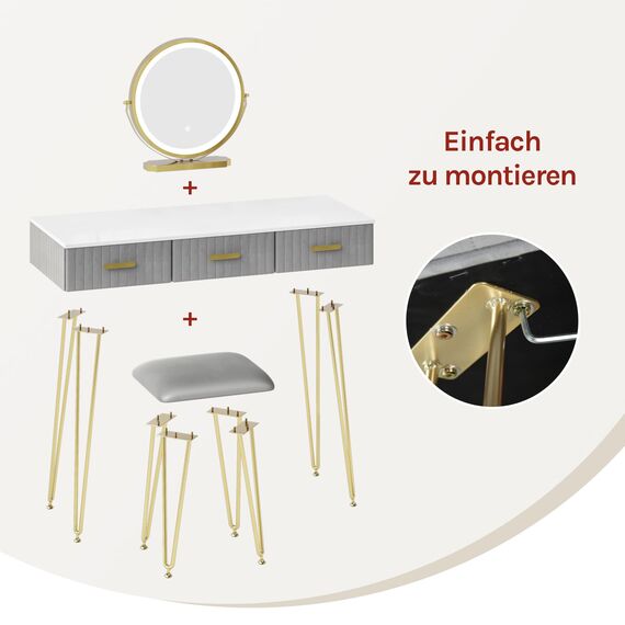 WOLTU Schminktisch mit Beleuchtung und Hocker, Frisiertisch mit Spiegel, 3 Schubladen aus Massivholz, Große Hochglanz Tischplatte 100x40cm, Modern Kosmetiktisch aus Samt Metall, Grau Weiß, MB6108gr