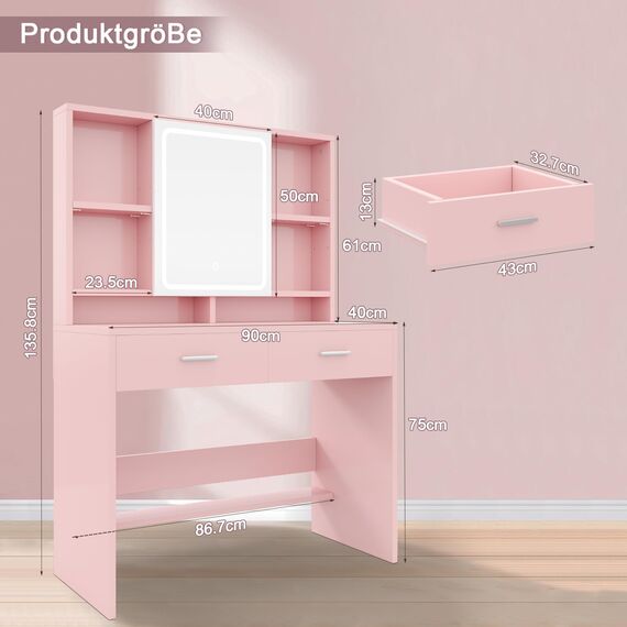 Devoko Schminktisch mit LED-Beleuchtung, Einstellbare Helligkeit, 3 Farben, Frisiertisch mit Spiegel, Schubladen, Offenen Fächern, Schminktisch mit Schmuckablage,90×40cm, Rosa