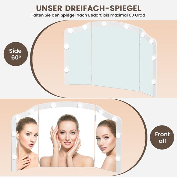TEENFON FIONESO Schminktisch mit 3 klappbaren Spiegeln, Schminktisch mit 10 LED-Leuchten und Steckdosen, Frisiertisch mit 3 Schubladen und Zwei Schränken, für Frauen, Schlafzimmer, Weiß