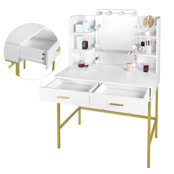 WOLTU Schminktisch mit Spiegel und Beleuchtung, Frisiertisch mit 2 Schubladen und 4 offenen Ablagen, 45 cm Tiefe, Kosmetiktisch für Schlafzimmer, Holz Metall, Weiß Gold, MB6077ws