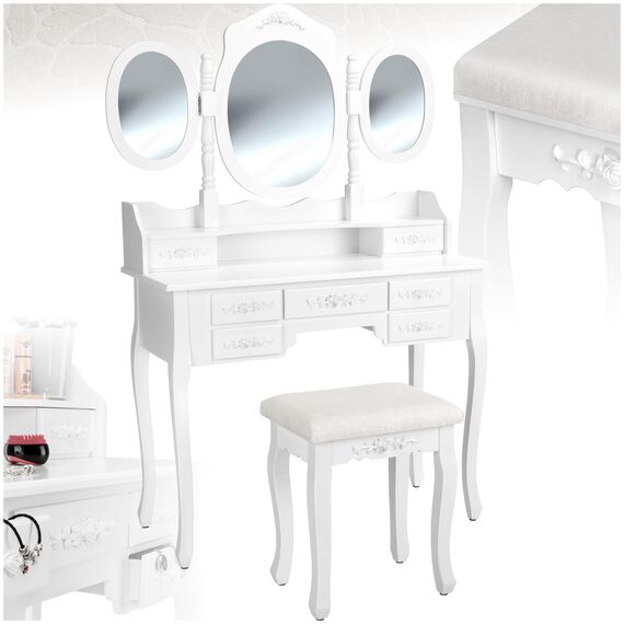 tectake® Schminktisch, Schminktisch Organizer mit 7 Schubladen und 3 Spiegeln, Kosmetiktisch inkl. Hocker, Schlafzimmer Deko Möbel, 90 x 40 x 145 cm, weiß