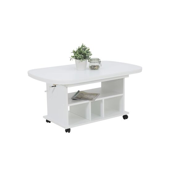 Hela Tische, Funktionscouchtisch Babsi, Holzwerkstoff melaminbeschichtet, Weiß, höhenverstellbar 53-63 cm, ausziehbar 107-157 cm, auf Rollen