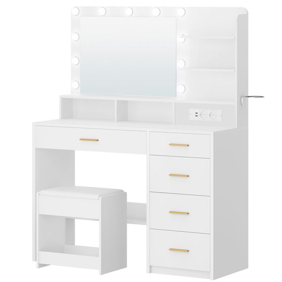Hzuaneri Schminktisch mit 10 LED-Beleuchtung, Hocker, Frisiertisch mit Große Spiegel, Schminktische mit Stecker, Und Haartrocknerhalter, Und Mehreren Schubladen, Weiß DT42903XEU