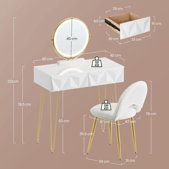 EUGAD Schminktisch mit Spiegel und Hocker, LED Beleuchtung, Samtstuhl, Frisiertisch mit 2 Schubladen, Modern Design, Einfache Montage, Weiß Hochglanz, Goldene Metallbeine, 80 cm Breite, 0056SZT