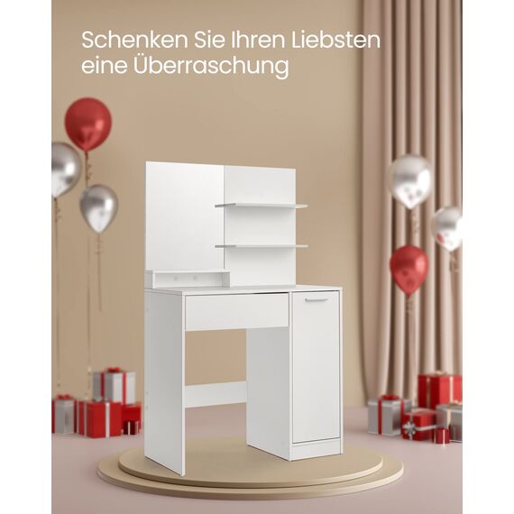 VASAGLE Kailyn Kollektion - Schminktisch mit Hocker, Frisiertisch mit Spiegel, Kosmetiktisch, Schublade und offene Ablagen, Schrank mit 2 verstellbaren Ablagen, weiß RDT719W01