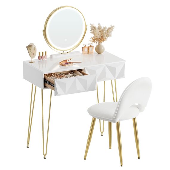 EUGAD Schminktisch mit Spiegel und Hocker, LED Beleuchtung, Samtstuhl, Frisiertisch mit 2 Schubladen, Modern Design, Einfache Montage, Weiß Hochglanz, Goldene Metallbeine, 80 cm Breite, 0056SZT
