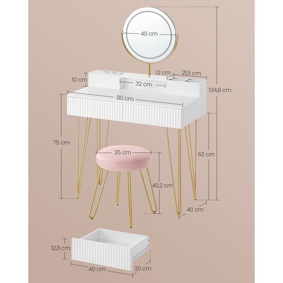 VASAGLE Schminktisch mit Hocker und Beleuchtung, Steckdosenleiste, Spiegel, Frisiertisch, 40 x 80 x 134,8 cm, Kosmetiktisch mit Schubladen, gepolsterter Sitzhocker, mattweiß-blassgold RVT019W01